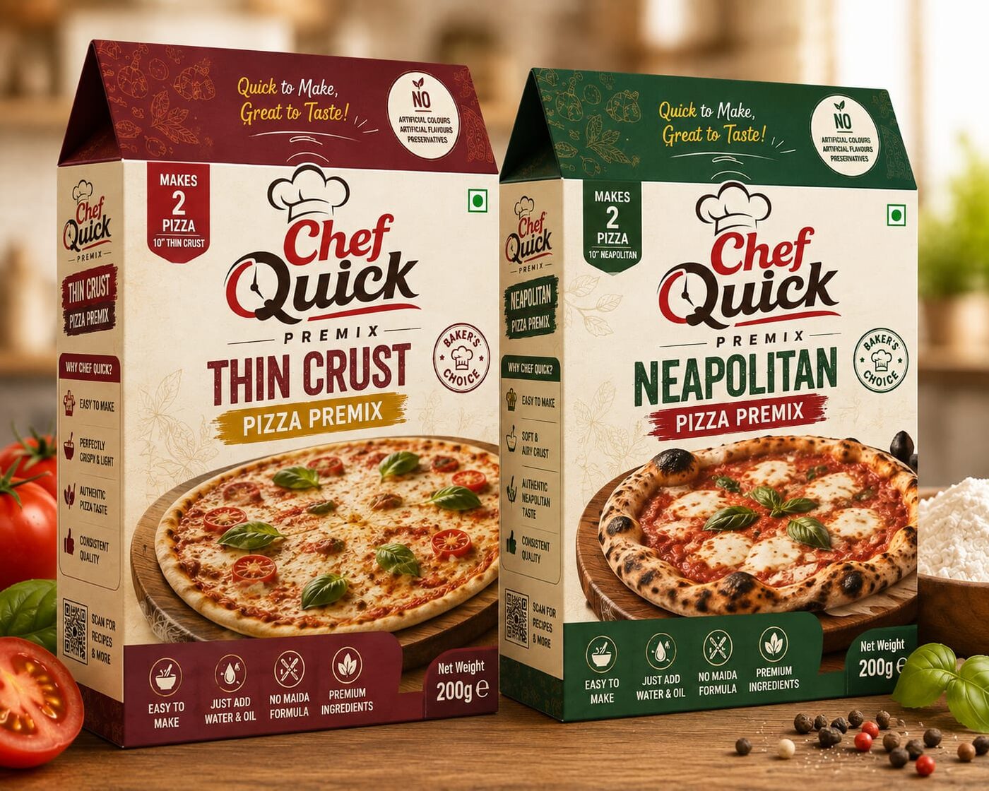 Chef Quick Thin Crust and Neapolitan Pizza Premix boxes side by side