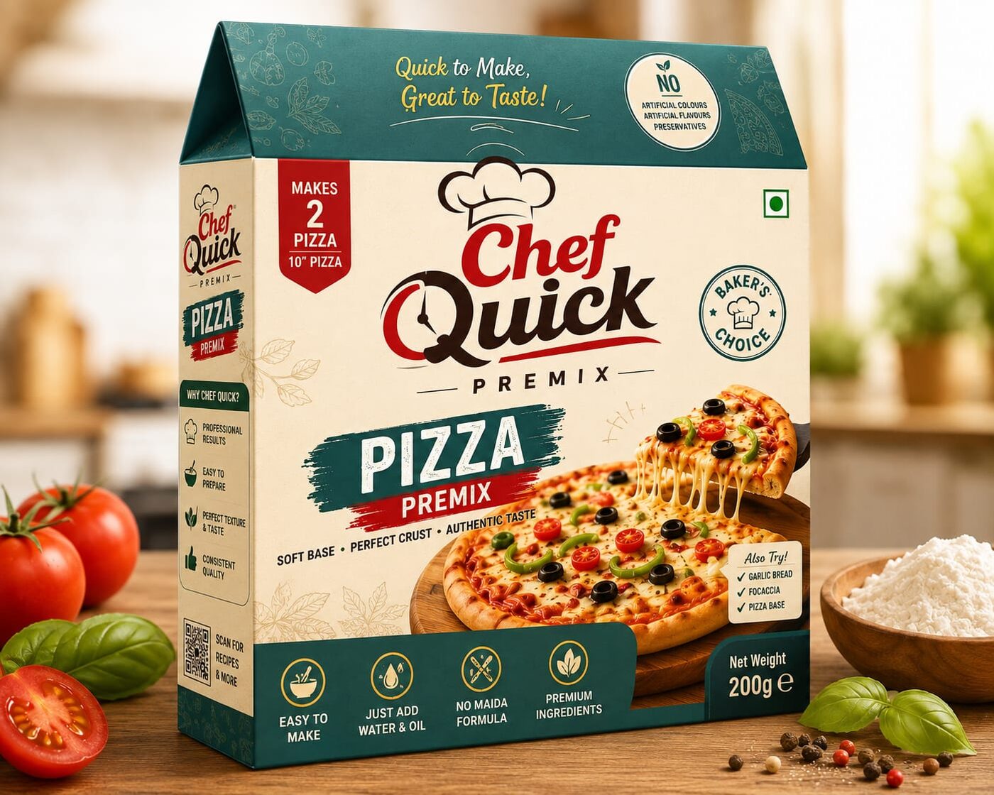Chef Quick Pizza Premix box on a kitchen counter with a cheese pizza and fresh ingredients