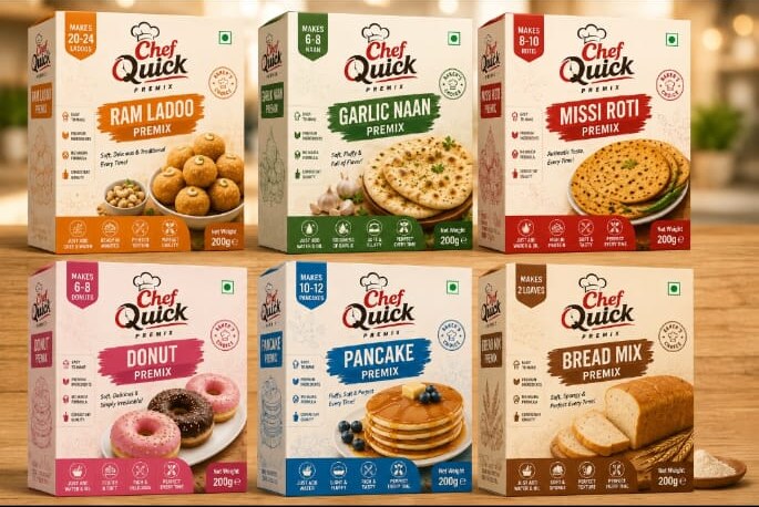 Six Chef Quick premix boxes: Ram Ladoo, Garlic Naan, Missi Roti, Donut, Pancake and Bread Mix