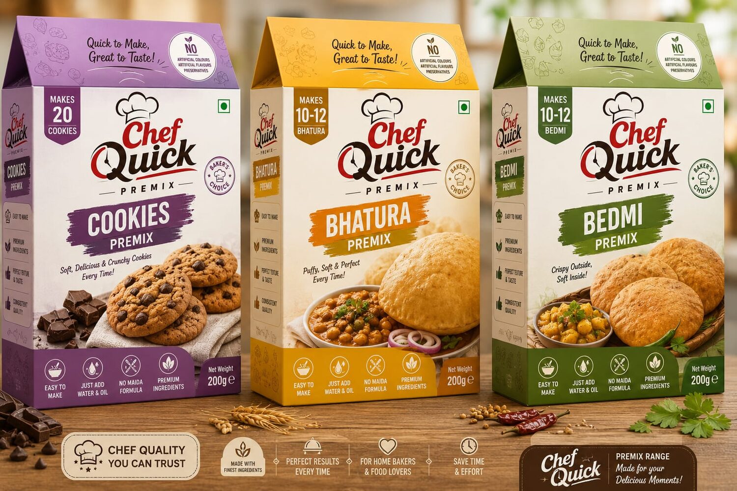 Chef Quick Cookies, Bhatura and Bedmi Premix boxes side by side