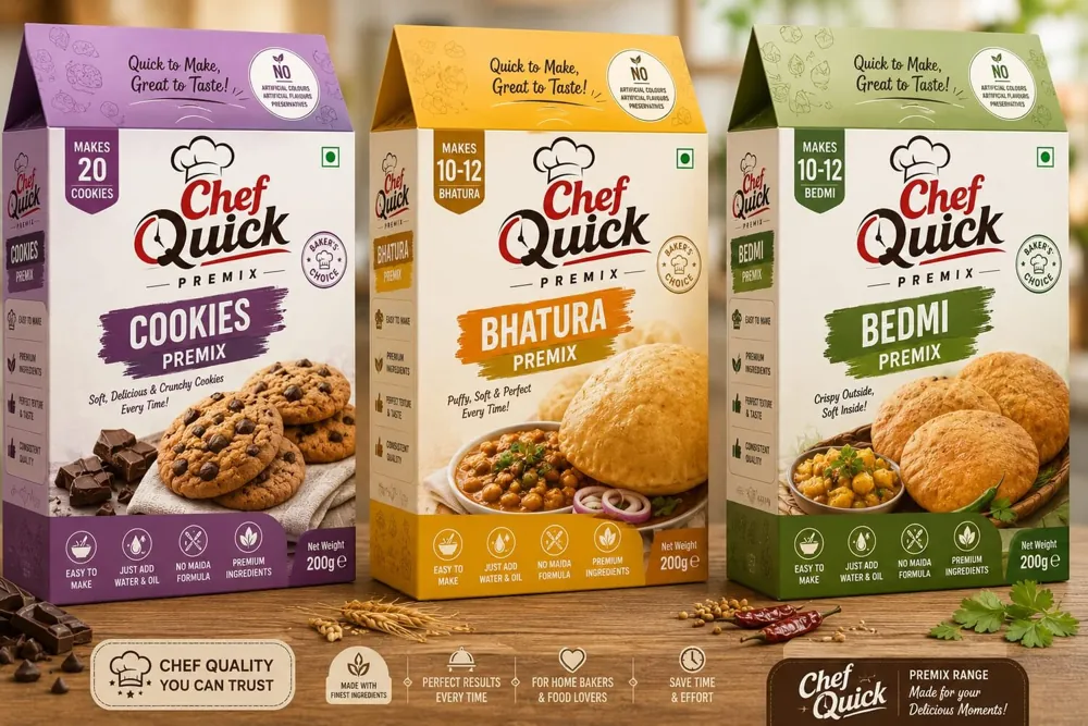 Chef Quick Cookies, Bhatura and Bedmi premix boxes