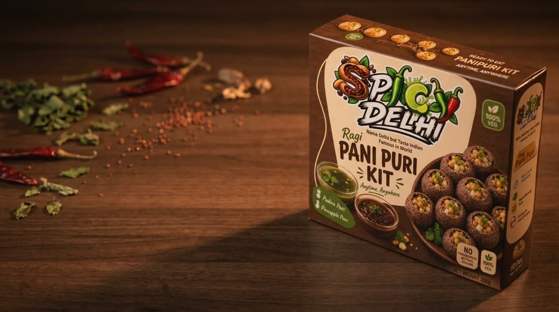 Spicyy Delhi Ragi Pani Puri box on a dark wood surface
