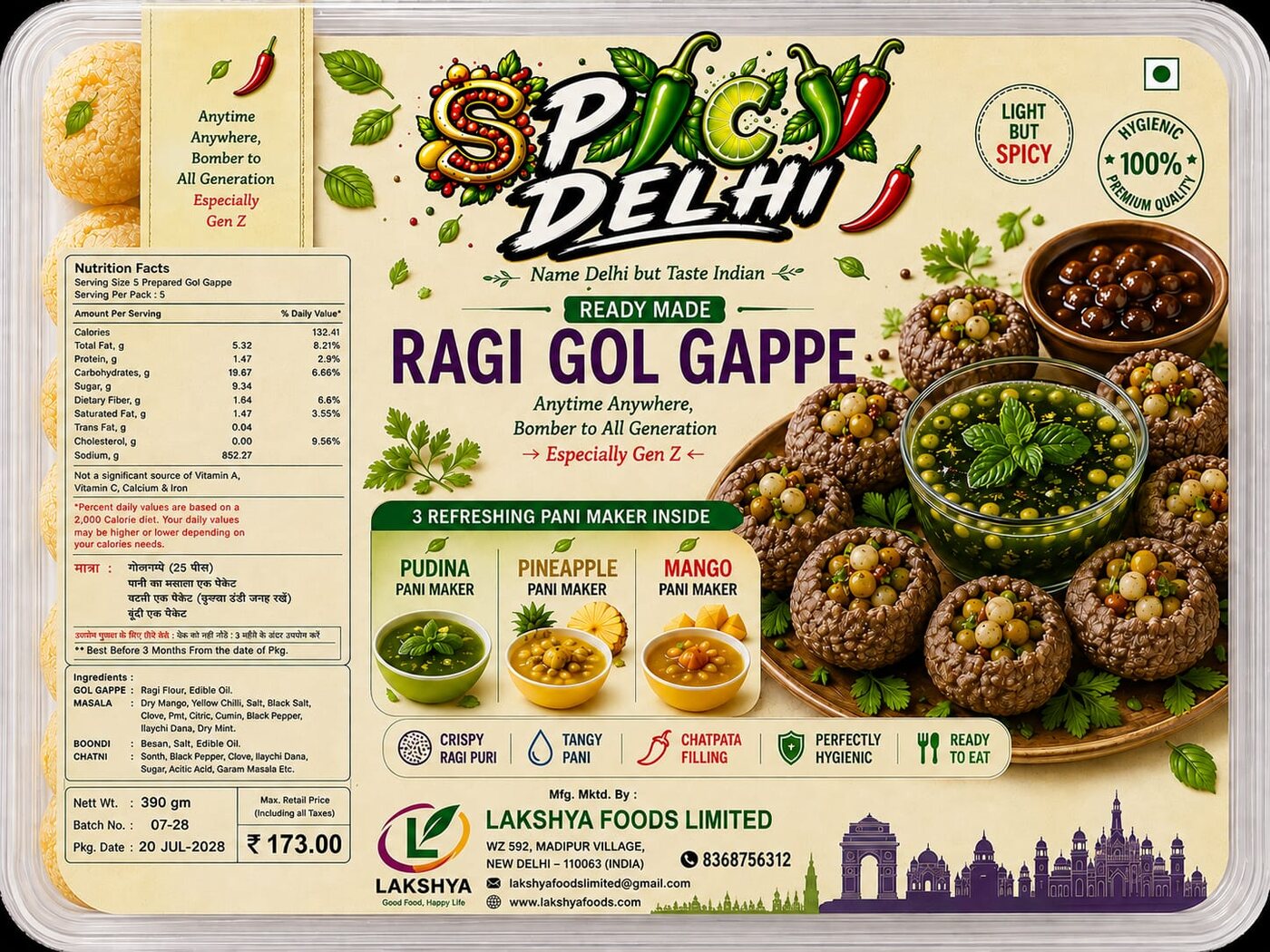 Spicy Delhi Ragi Gol Gappe pack label artwork