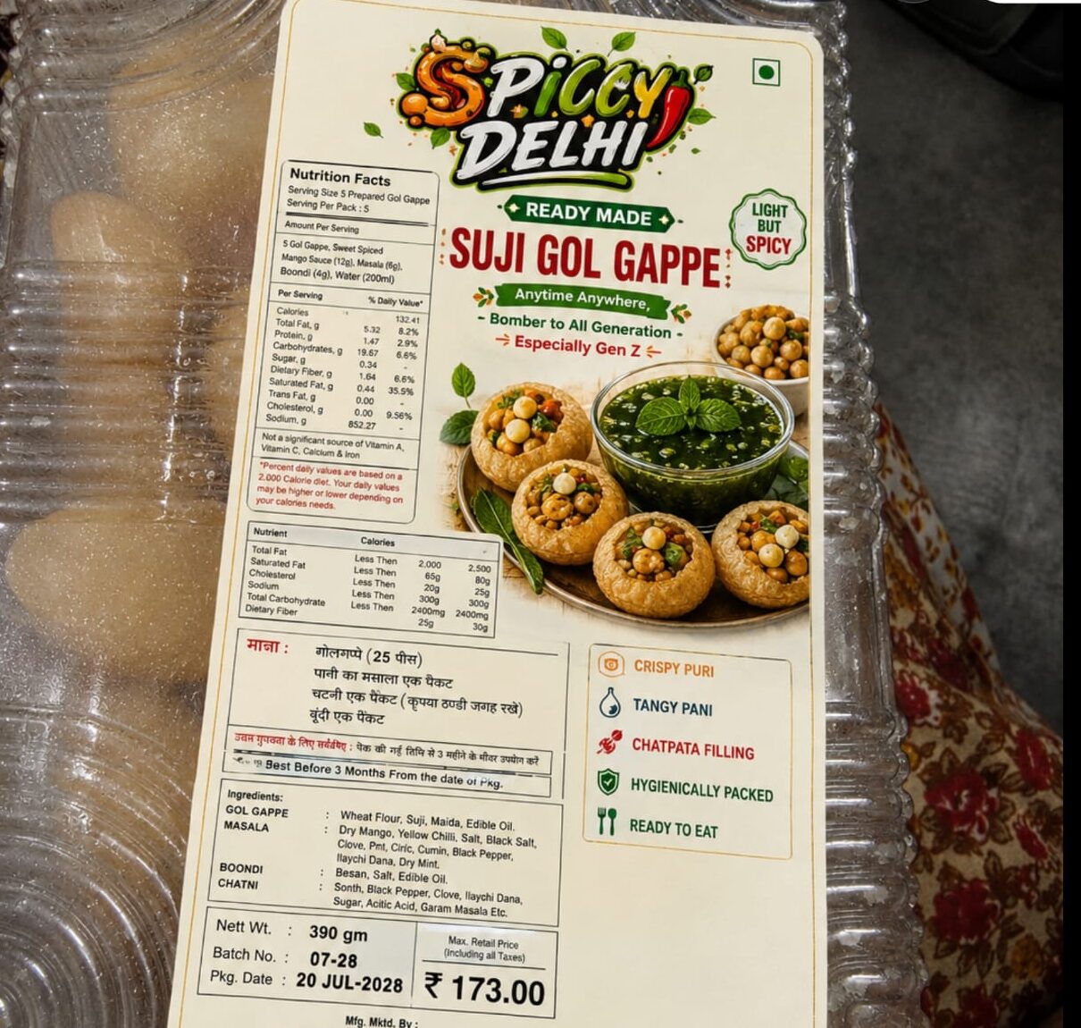 Suji Gol Gappe tray, photographed with its printed pack label