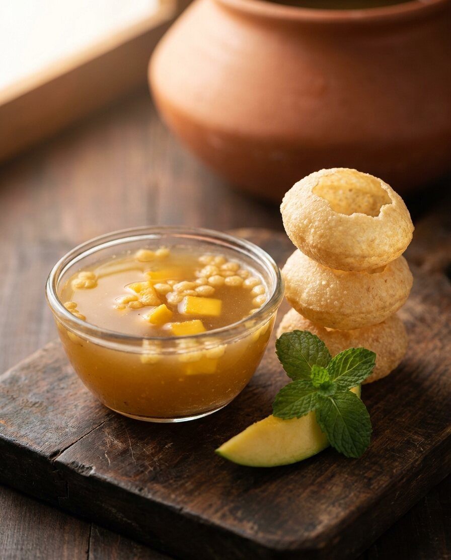 Bowl of mango pani maker with gol gappe puris